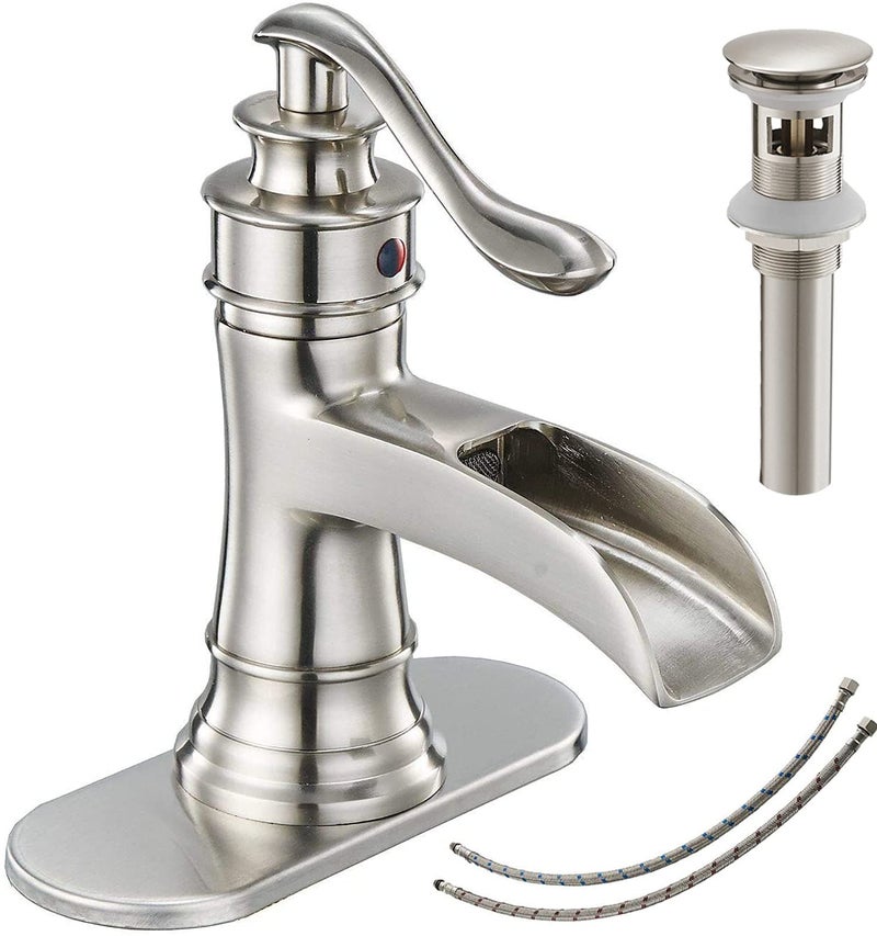 Bathfinesse Waterfall Bathroom Faucet Bathroom Sink Faucet Farmhouse Single Handle 1 Hole with Pop Up Drain Assembly Vanity Water Supply Hose Brushed Nickel
