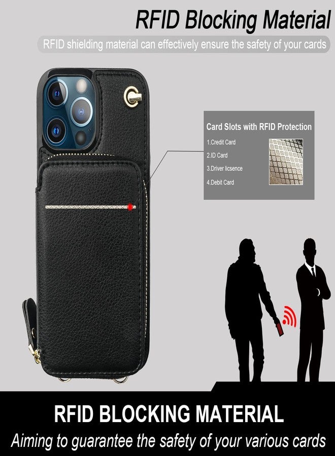 Bocasal Crossbody Wallet Case for iPhone 13 Pro, RFID Blocking Leather Purse Case with Card Holder, Protective Handbag Flip Cover with Zipper Wrist Strap Lanyard for Women 5G 6.1 Inch (Black) - Image 3