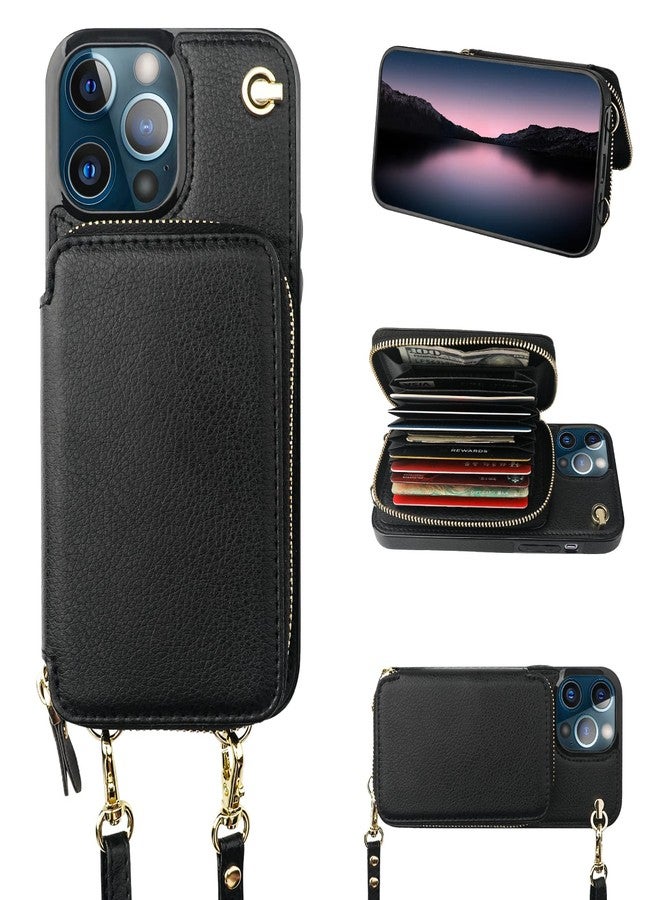 Bocasal Crossbody Wallet Case for iPhone 13 Pro, RFID Blocking Leather Purse Case with Card Holder, Protective Handbag Flip Cover with Zipper Wrist Strap Lanyard for Women 5G 6.1 Inch (Black) - Image 1