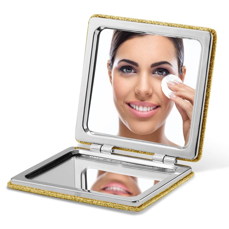 OMIRO Compact Mirror Glitter PU 1X3X Magnification Ultra Portable for Purses Gold