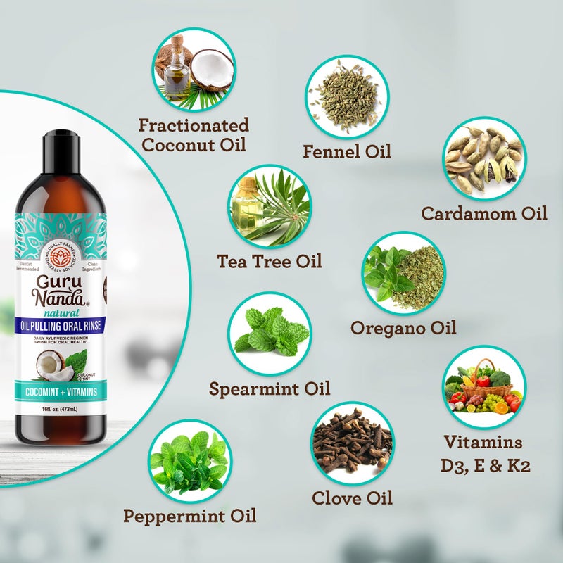 GuruNanda Coconut Oil Pulling, Fresh Breath & Whitening Mouthwash, 7 Essential Oils & Vitamins for Happy Teeth & Gums, Alcohol-Free, 16 oz - Image 3