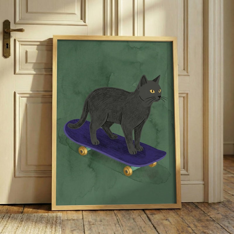 TNESSENTIAL Black Cat on Skateboard Art - Funny Feline Wall Decor, Quirky Skater Room Poster, Minimalist Animal Print, Cool Skateboarder Pet Gift - Image 3