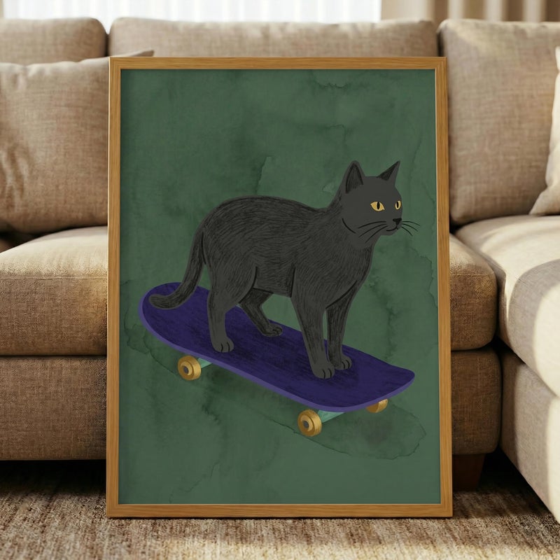 TNESSENTIAL Black Cat on Skateboard Art - Funny Feline Wall Decor, Quirky Skater Room Poster, Minimalist Animal Print, Cool Skateboarder Pet Gift - Image 4
