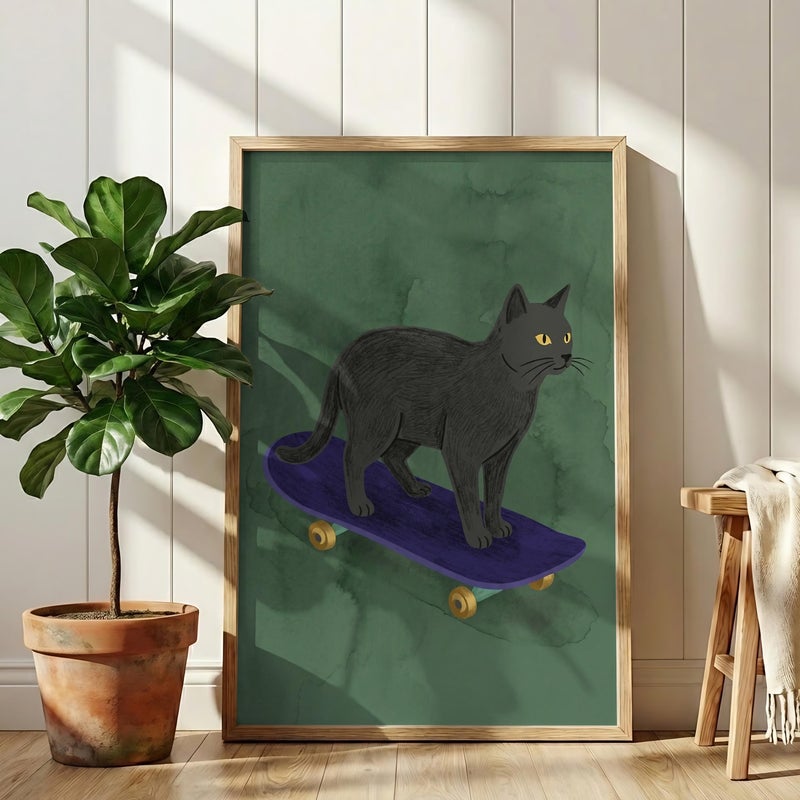 TNESSENTIAL Black Cat on Skateboard Art - Funny Feline Wall Decor, Quirky Skater Room Poster, Minimalist Animal Print, Cool Skateboarder Pet Gift - Image 1
