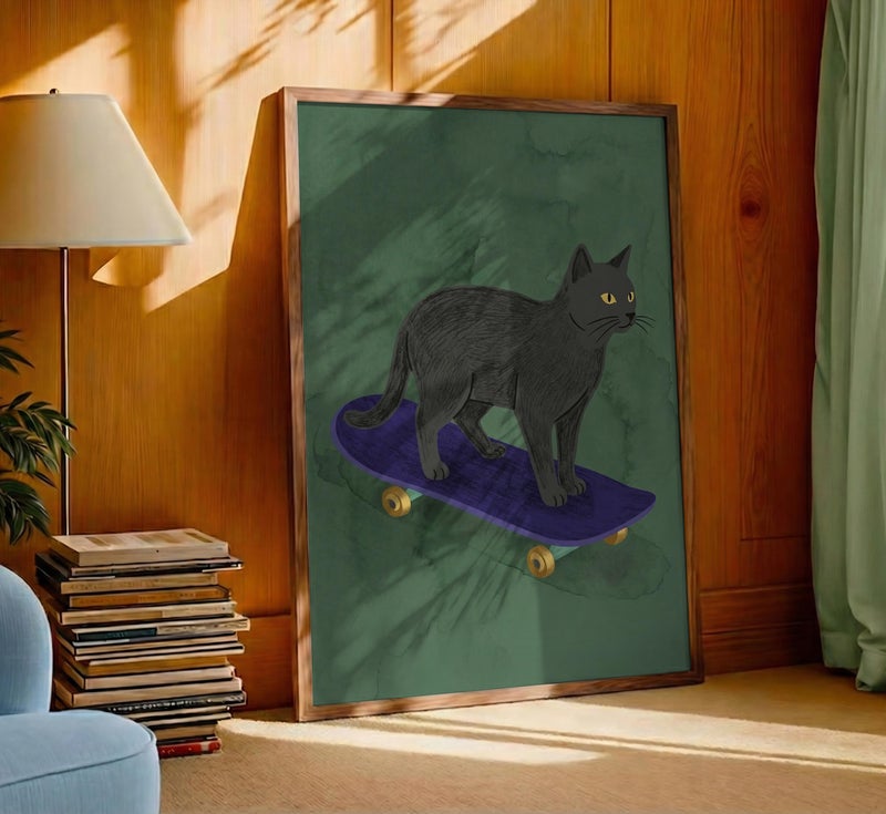 TNESSENTIAL Black Cat on Skateboard Art - Funny Feline Wall Decor, Quirky Skater Room Poster, Minimalist Animal Print, Cool Skateboarder Pet Gift - Image 5