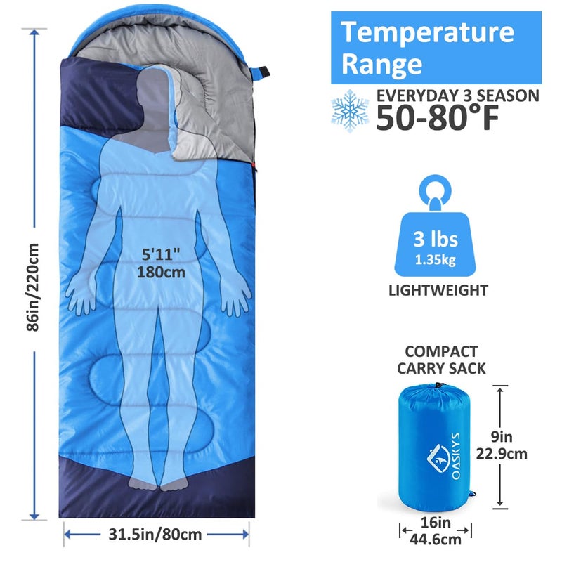 oaskys Camping Sleeping Bag - 3 Season Warm & Cool Weather - Summer Spring Fall Lightweight Waterproof for Adults Kids - Camping Essentials Gear Accessories Hiking Sleep Must Haves - Image 2