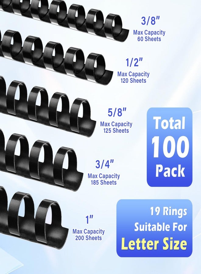 TOTiyea 100 Pack 19 Ring Binding Combs, Multi Sizes, 3/8 Inch, 1/2 Inch, 5/8 Inch, 3/4 Inch, 1 Inch, Letter Size, Black Binding Comb Spines Set - Image 2