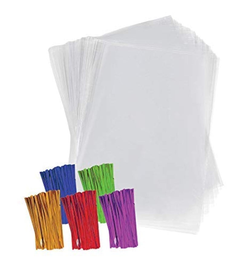Purple Q Crafts Purple Q Crafts Clear Plastic Cellophane Bags with 4 Colored Twist Ties for Gifts Party Favors 6x9 100 Pack