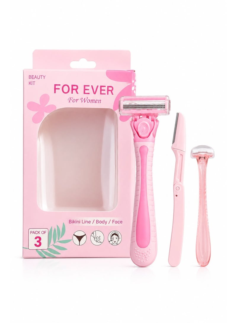 Forever For Ever 3-in-1 Beauty Razor Kit for Women, Multi-Functional Razors for Bikini Line, Body and Face, Women's Personal Care Hair Removal Tools, Pink - Image 1