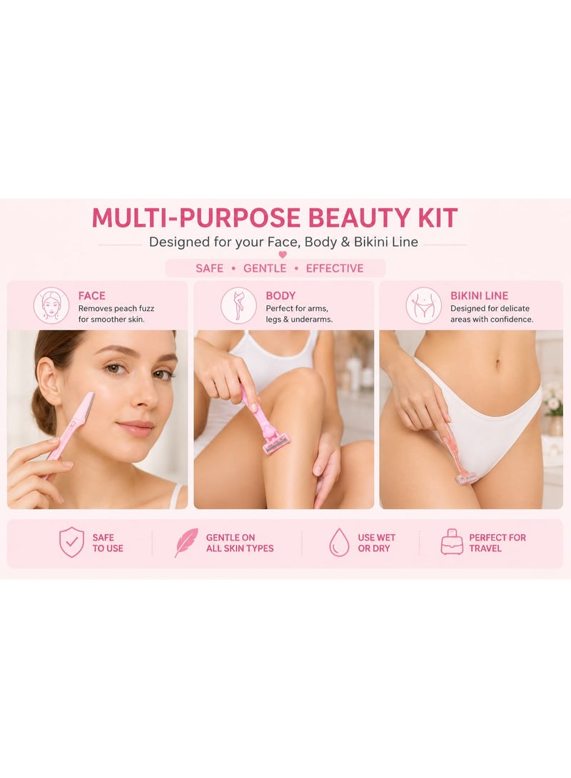 Forever For Ever 3-in-1 Beauty Razor Kit for Women, Multi-Functional Razors for Bikini Line, Body and Face, Women's Personal Care Hair Removal Tools, Pink - Image 5