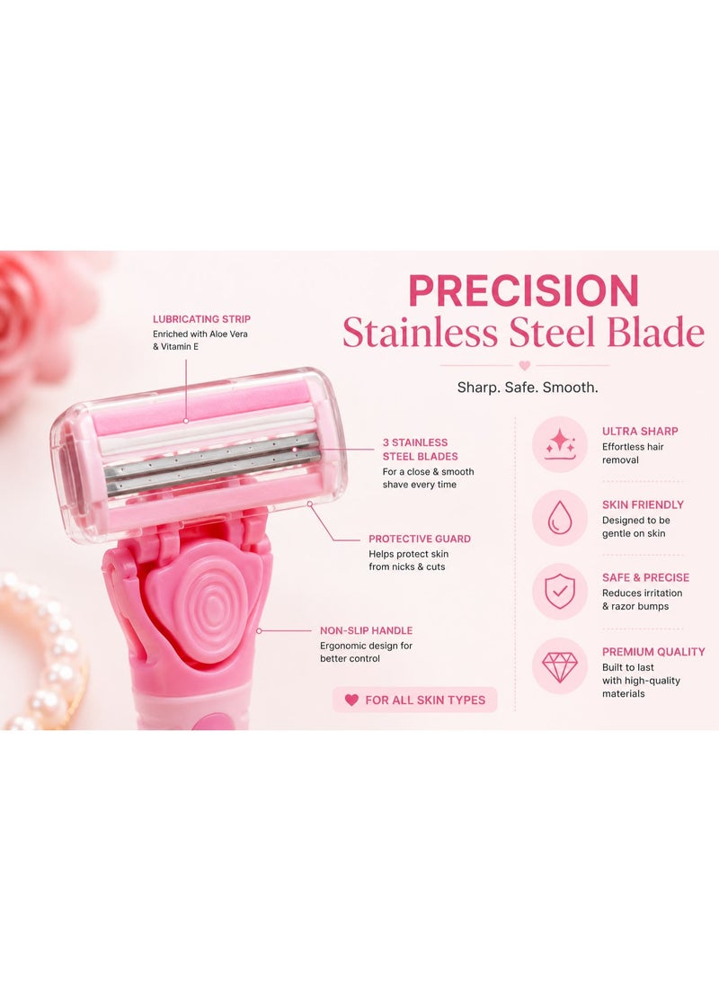 Forever For Ever 3-in-1 Beauty Razor Kit for Women, Multi-Functional Razors for Bikini Line, Body and Face, Women's Personal Care Hair Removal Tools, Pink - Image 4