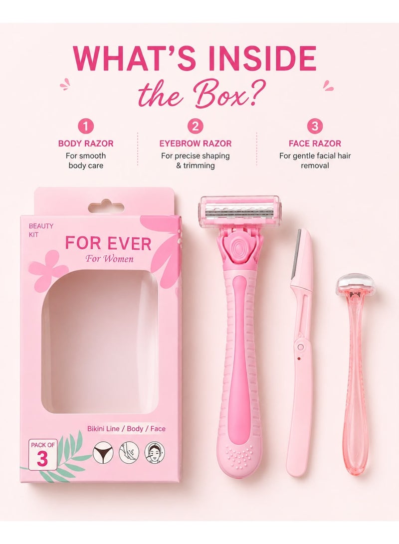 Forever For Ever 3-in-1 Beauty Razor Kit for Women, Multi-Functional Razors for Bikini Line, Body and Face, Women's Personal Care Hair Removal Tools, Pink - Image 2