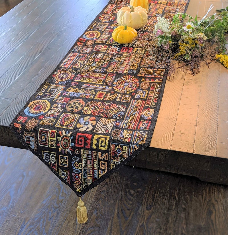 DaDa Bedding Bohemian Tapestry Table Runner Greek Ethnic Ornament Geometric Calligraphy Dark Black Textile MultiColorful Cotton Linen Woven Kitchen Dining Mats 13 x 90