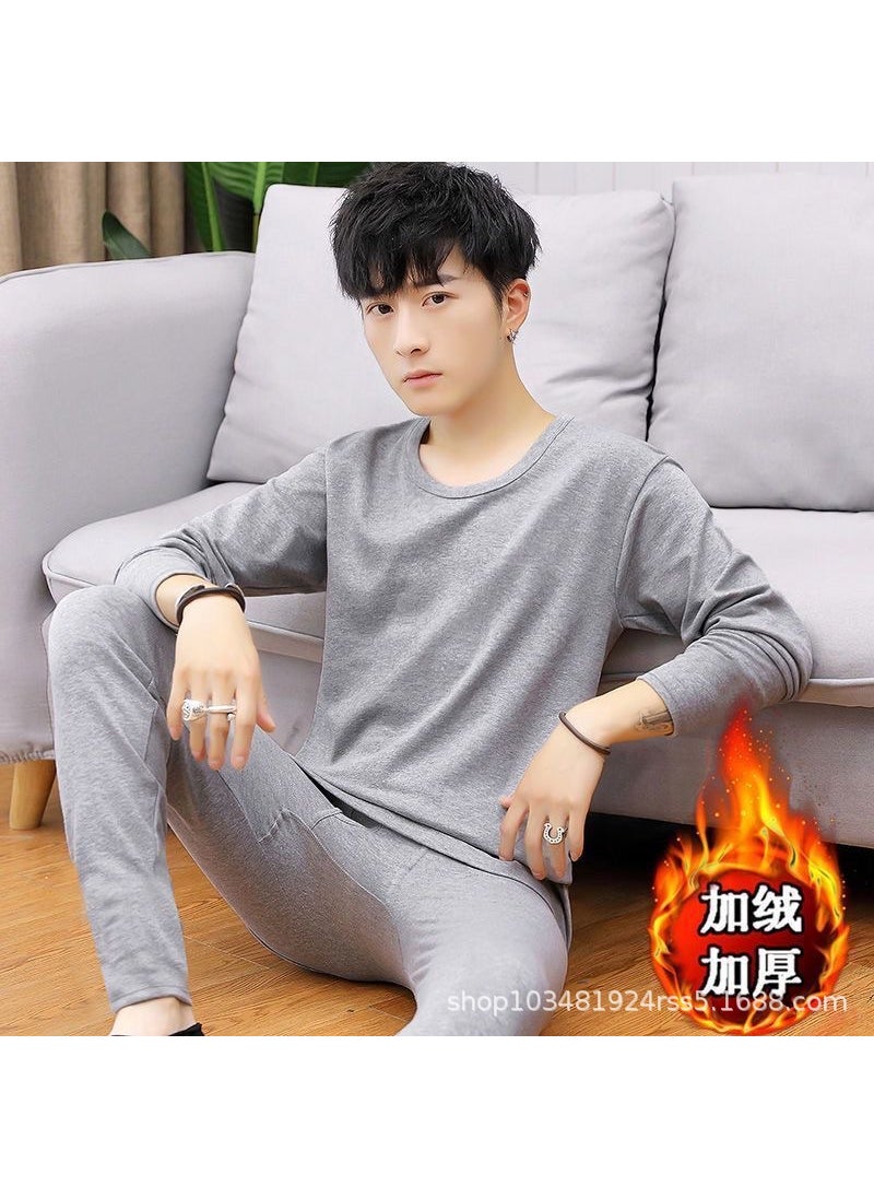Generic Winter mens fleece-lined warm clothes student thickened underwear suit autumn clothes long pants youth V-neck white bottoming shirtRound neck gray velvet suit Round neck gray velvet suit 