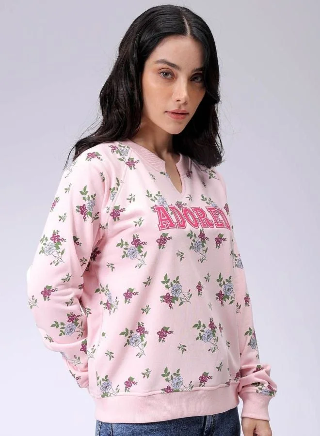 Women Relaxed Fit Ditsy Printed V-Neck Long Sleeve Oversized Sweatshirt