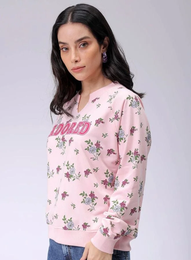 Freehand  Women Relaxed Fit Ditsy Printed V-Neck Long Sleeve Oversized Sweatshirt for Women | Best Price UAE