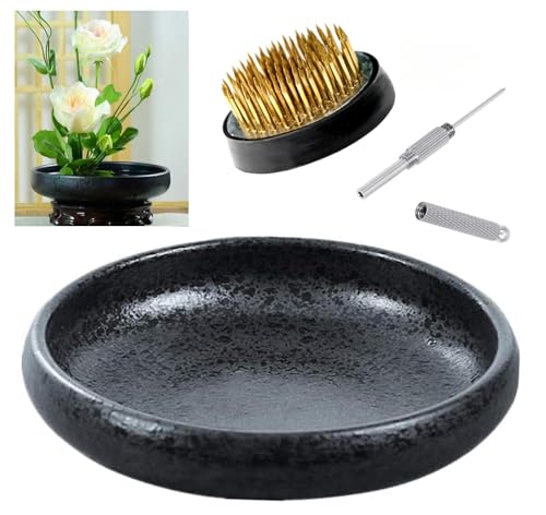 Japanese Ikebana Vase Kit Flower Shallow Container Ceramics Ikebana Vase with 157inch Flower Frog and Floral Frog Floristry Kenzan Needle Straightening Tool Frosted Bowl A with Spots