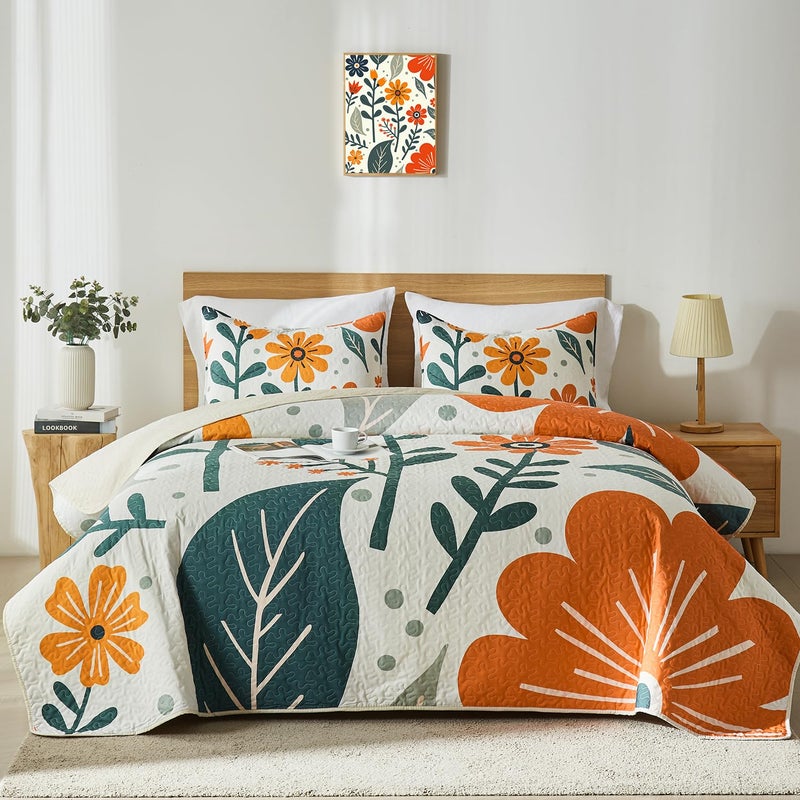 Yogeneg Queen Quilt Bedding SetWhite Orange Botanical Pattern Beige FullQueen Quilt Set3 Piece Lightweight Soft Summer Bedspread Coverlet with 2 PIillow ShamsAll SeasonBeige90x96