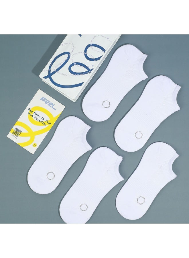 FEEL Men's Low-Cut Socks, Breathable Cotton Blend, White, 5 Pairs - Image 2