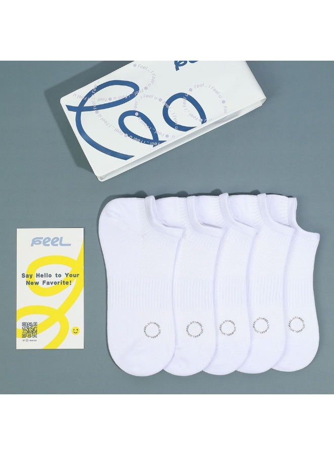 FEEL Men's Low-Cut Socks, Breathable Cotton Blend, White, 5 Pairs - Image 4
