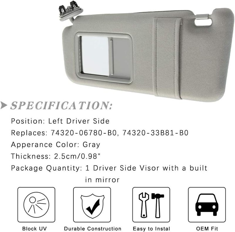 Left Driver Side Sun Visor Replacement for 2007 2008 2009 2010 2011 Toyota Camry & Camry Hybrid Without Sunroof (Gray) - Image 3