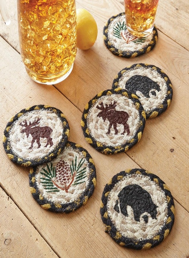 BLACK FOREST DECOR Set of 6 Rustic Jute Coasters - Moose, Bear & Pinecone Braided Drink Coasters