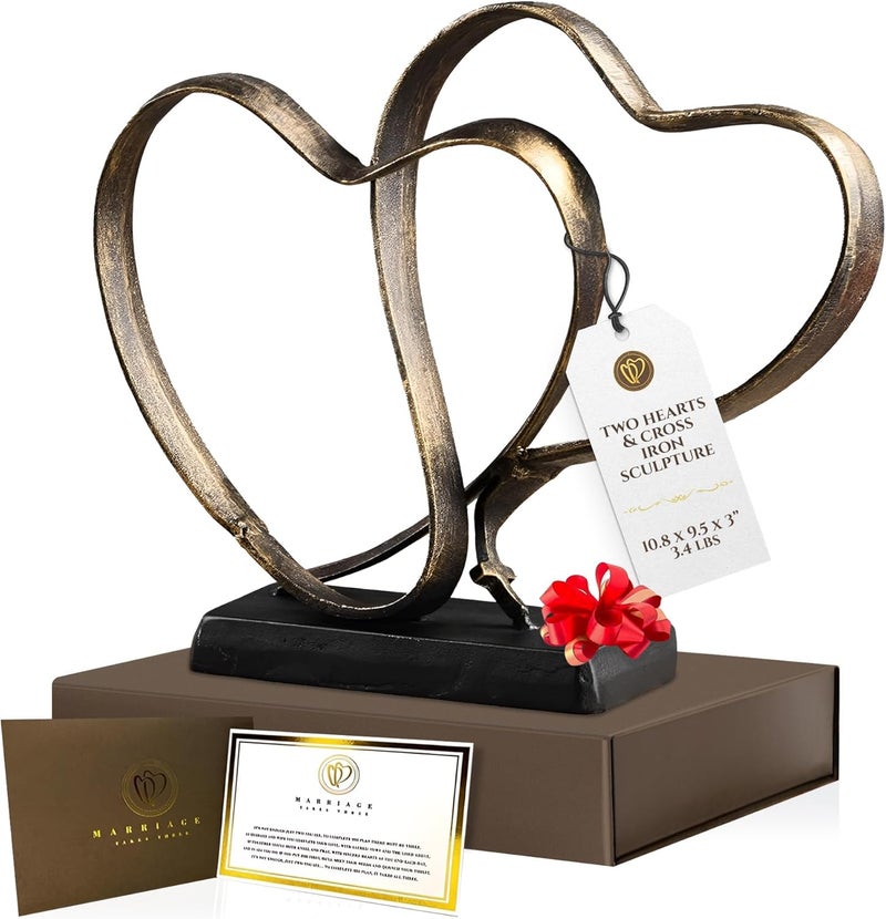 DCAPILLA Wedding Anniversary Couples Gift - Two Hearts and Cross Iron Sculpture, Heart Decoration Gift for Her and Him, 1st to 50th or 60th Anniversary, Includes Present Box and Poem Card - Image 1
