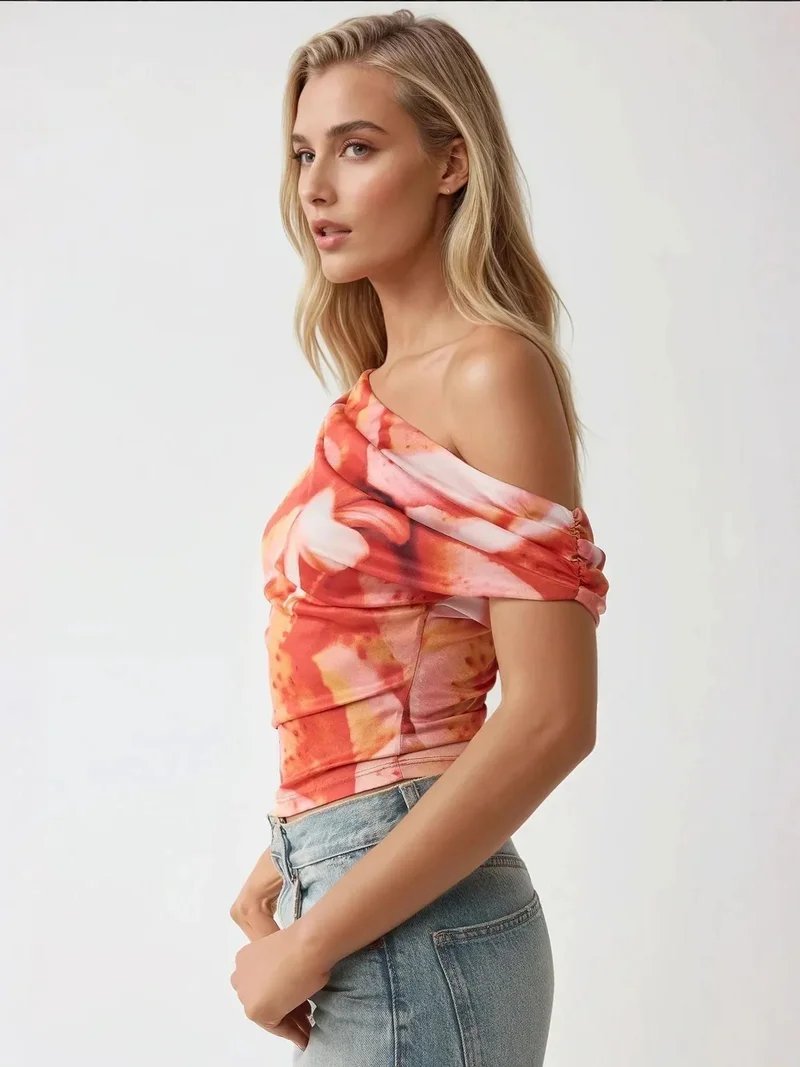 HICCUP Abstract Print Asymmetrical Fitted Crop Top