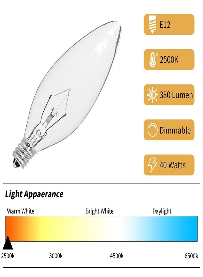 CYLYT 12-Pack E12 Candelabra Light Bulbs 40W Warm White 2500K, 380 Lumen Chandelier Light Bulb for Ceiling Fan, Indoor or Outdoor, B10 Clear Incandescent Candle Bulbs, Dimmable - Image 4