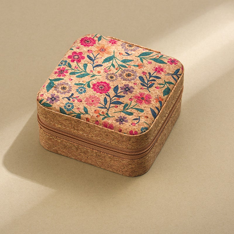 Portable Cork Jewelry Organizer Box Travel Case for Earrings Rings Necklace Storage with Zipper - Image 1