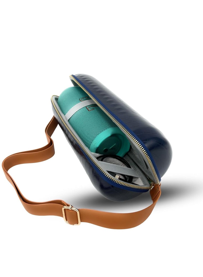 Angry Bull LEATHER TRAVEL BAG FOR JBL CHARGE 5 PORTABLE WATERPROOF SPEAKER, HARD CARRYING STORAGE CASE (DARK BLUE) - Image 2