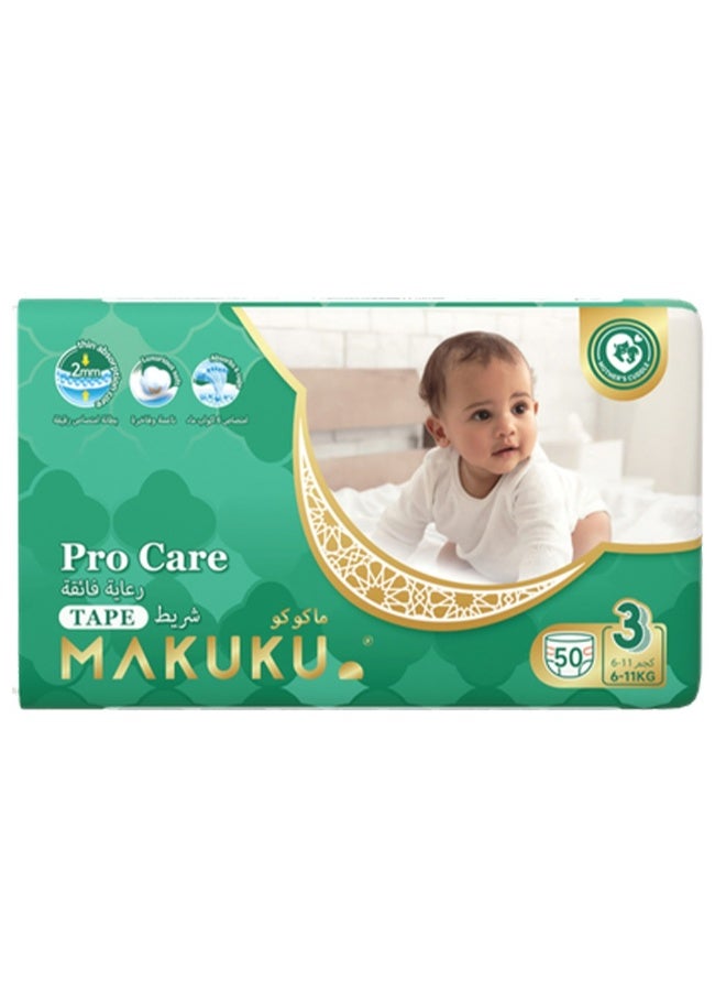 Makuku Pro Care Premium Tape Baby Diapers, Size 3, Medium For 6 To 11 Kg, Pack of 50's