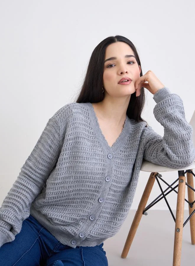Styli Grey Textured Regular Fit Regular Length Buttoned Cardigan