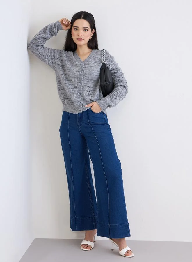 Styli Styli Grey Textured Regular Fit Regular Length Buttoned Cardigan