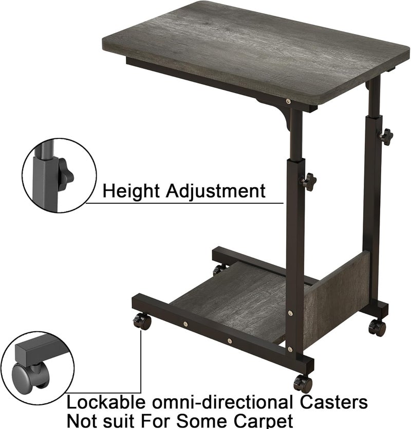 TigerDad Adjustable Height C Table Sofa Side Bedside Table with Wheels, Hospital Bed Table Rolling Tray with Storage, Mobile Computer Desk Laptop Table for Home Use,Gray - Image 3