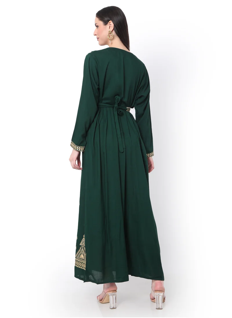 HANA & SARA MODEST THICK EMBRODERED WITH LONG SLEEVES AND BELT GREEN HIGH QUALITY STYLISH ARABIC KAFTAN JALABIYA DRESS