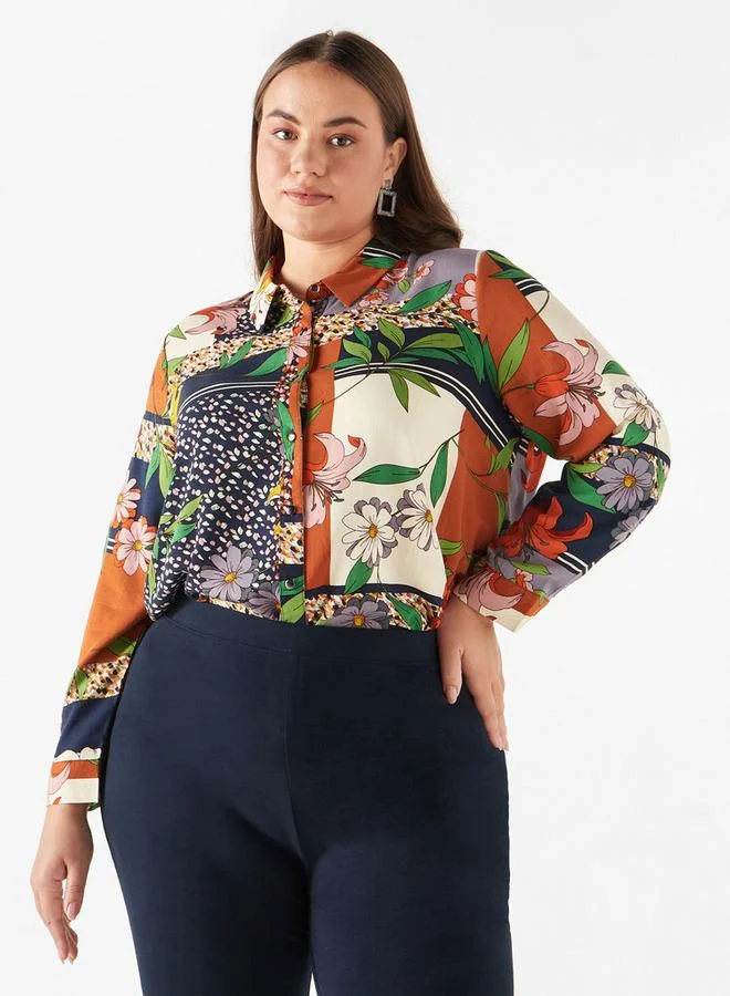 Ulla Popken Plus Size Ulla Popken All-Over Print Shirt with Collar and Long Sleeves