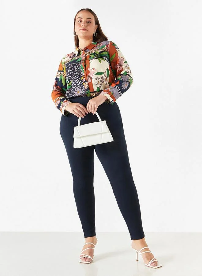 Ulla Popken Plus Size Ulla Popken All-Over Print Shirt with Collar and Long Sleeves