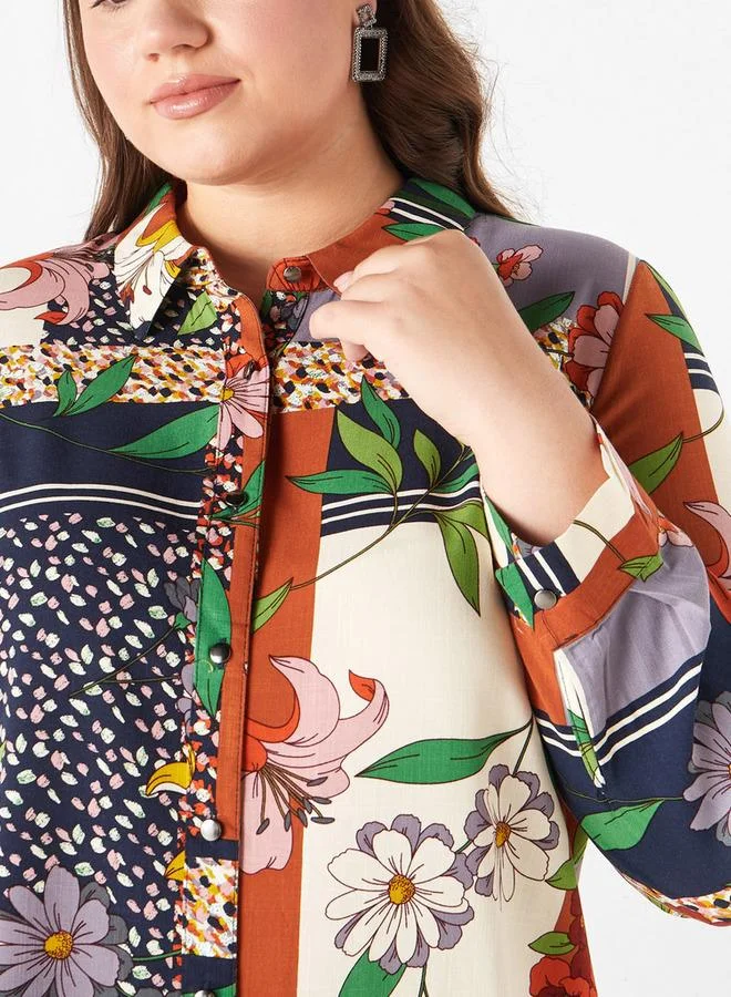  أولا بوبكن قميص مقاس كبير بأكمام طويلة وياقة وطبعات من أولا بوبكن