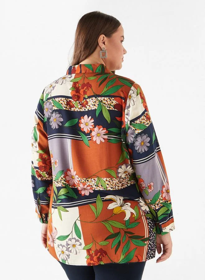  أولا بوبكن قميص مقاس كبير بأكمام طويلة وياقة وطبعات من أولا بوبكن