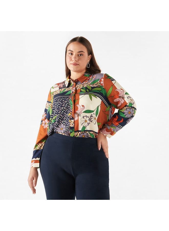 Ulla Popken Plus Size Ulla Popken All-Over Print Shirt with Collar and Long Sleeves  - Image 1
