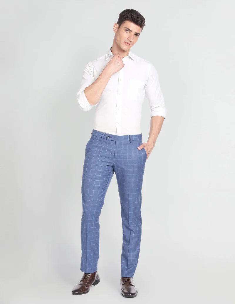 Arrow Blue Windowpane Check Smart Flex Formal Trousers for Men | Best Price UAE