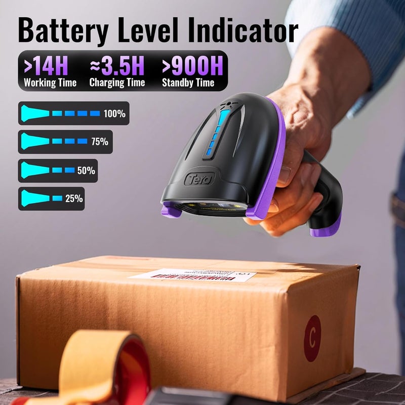 Tera Barcode Scanner Wireless Versatile 2-in-1 (2.4Ghz Wireless+USB 2.0 Wired) with Battery Level Indicator, 328 Feet Transmission Distance Rechargeable 1D Laser Bar Code Reader Handheld 5100 Purple - Image 2