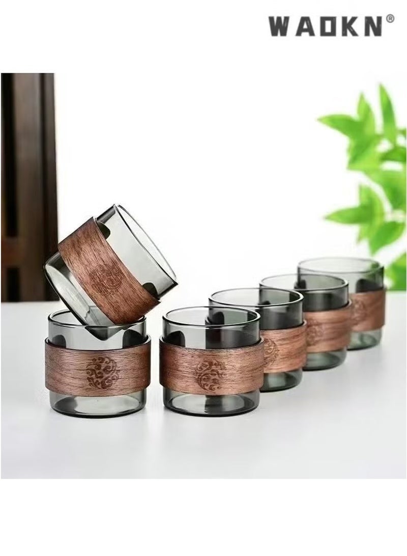 WAOKN 6-piece set: High borosilicate glass teacup with walnut wood insulation layer, 110ml coffee cup. - Image 1