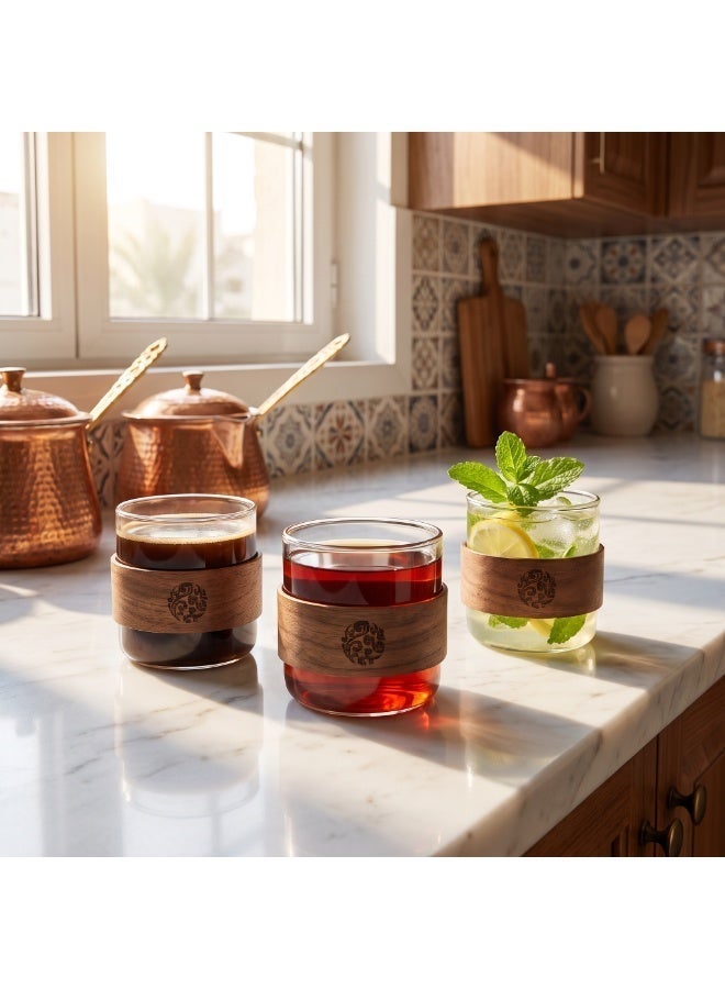 kayan home Set of 6 Glass Coffee & Tea Cups with Walnut Wood Heat-Resistant Sleeves, Premium Borosilicate Glass Cups for Arabic Coffee, Tea & Cold Drinks, Anti-Scald Wooden Grip, Perfect for Home & Office - Image 3