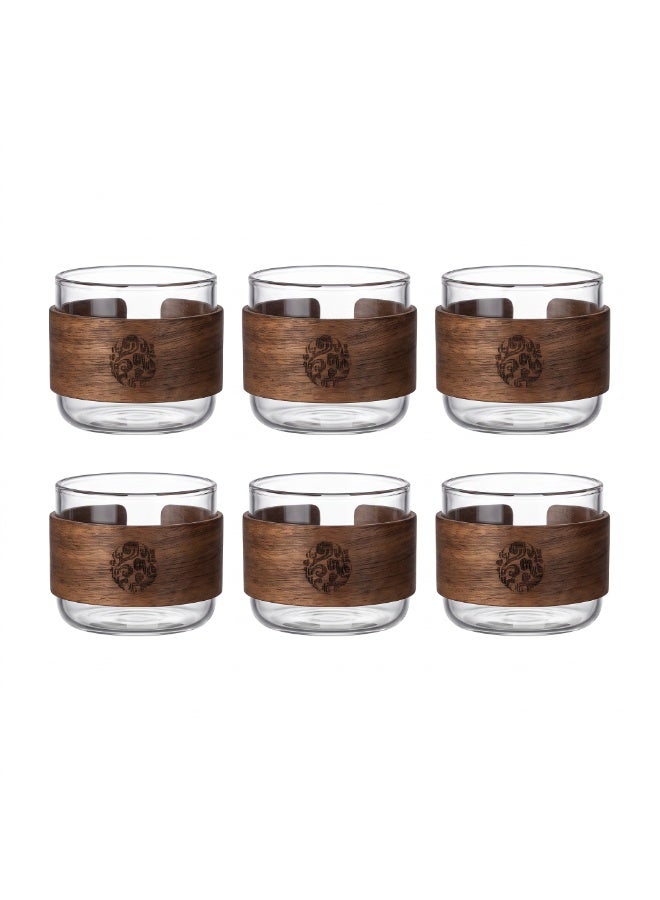 kayan home Set of 6 Glass Coffee & Tea Cups with Walnut Wood Heat-Resistant Sleeves, Premium Borosilicate Glass Cups for Arabic Coffee, Tea & Cold Drinks, Anti-Scald Wooden Grip, Perfect for Home & Office - Image 1