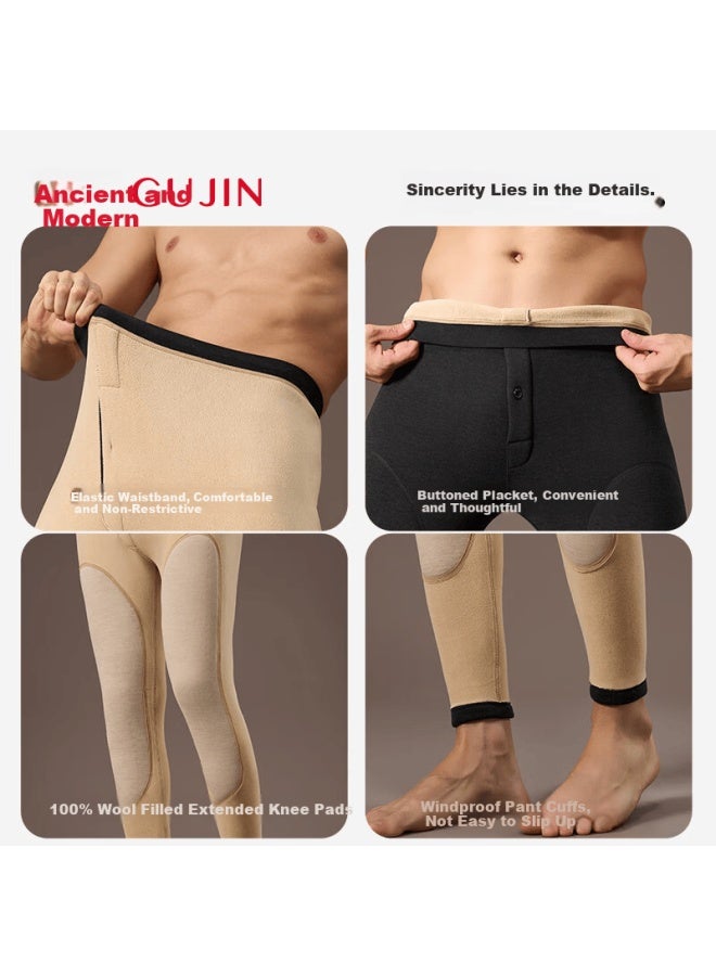 Gujin Men's Fleece-lined Thickened Warm Pants 100% Wool Filled Extended Knee Protection Autumn Thermal Underwear 10a Antibacterial Base Layer Pants - Image 5
