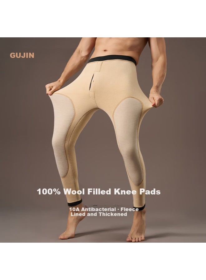 Gujin Men's Fleece-lined Thickened Warm Pants 100% Wool Filled Extended Knee Protection Autumn Thermal Underwear 10a Antibacterial Base Layer Pants - Image 2