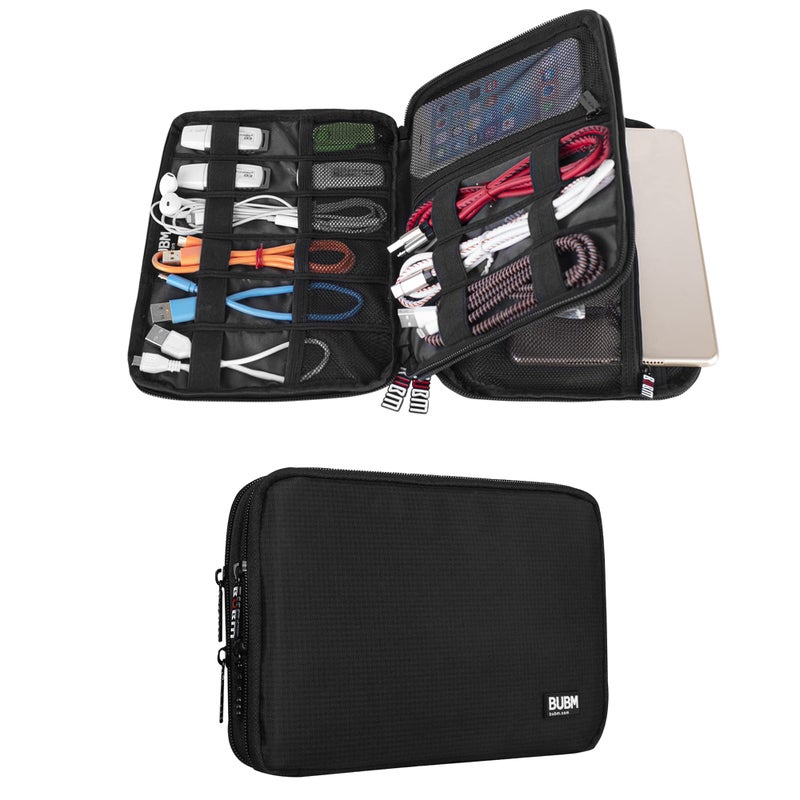 BUBM Double layer Electronic Accessories Organizer, Travel Gadget Bag for Cables, USB Flash Drive, Plug and More, Perfect Size Fits for iPad Mini (Medium, Black) - Image 1