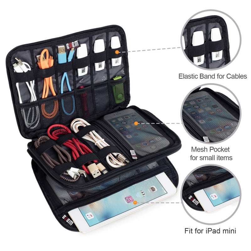 BUBM Double layer Electronic Accessories Organizer, Travel Gadget Bag for Cables, USB Flash Drive, Plug and More, Perfect Size Fits for iPad Mini (Medium, Black) - Image 4